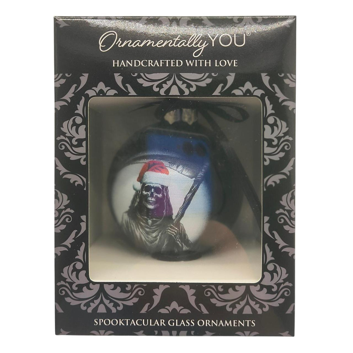 Unbranded Black Glass Christmas Ornament with Grim Reaper in Santa Hat, 3" x 3" - Danisak