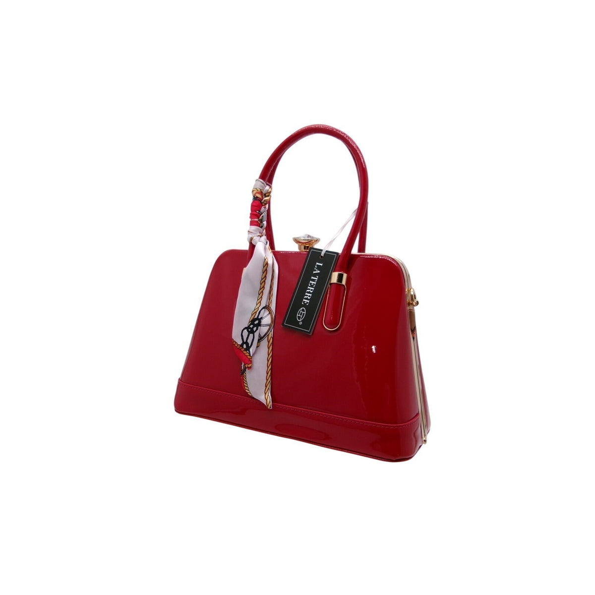 La Terre Red Patent Leather Shell Handbag with Decorative Twilly
