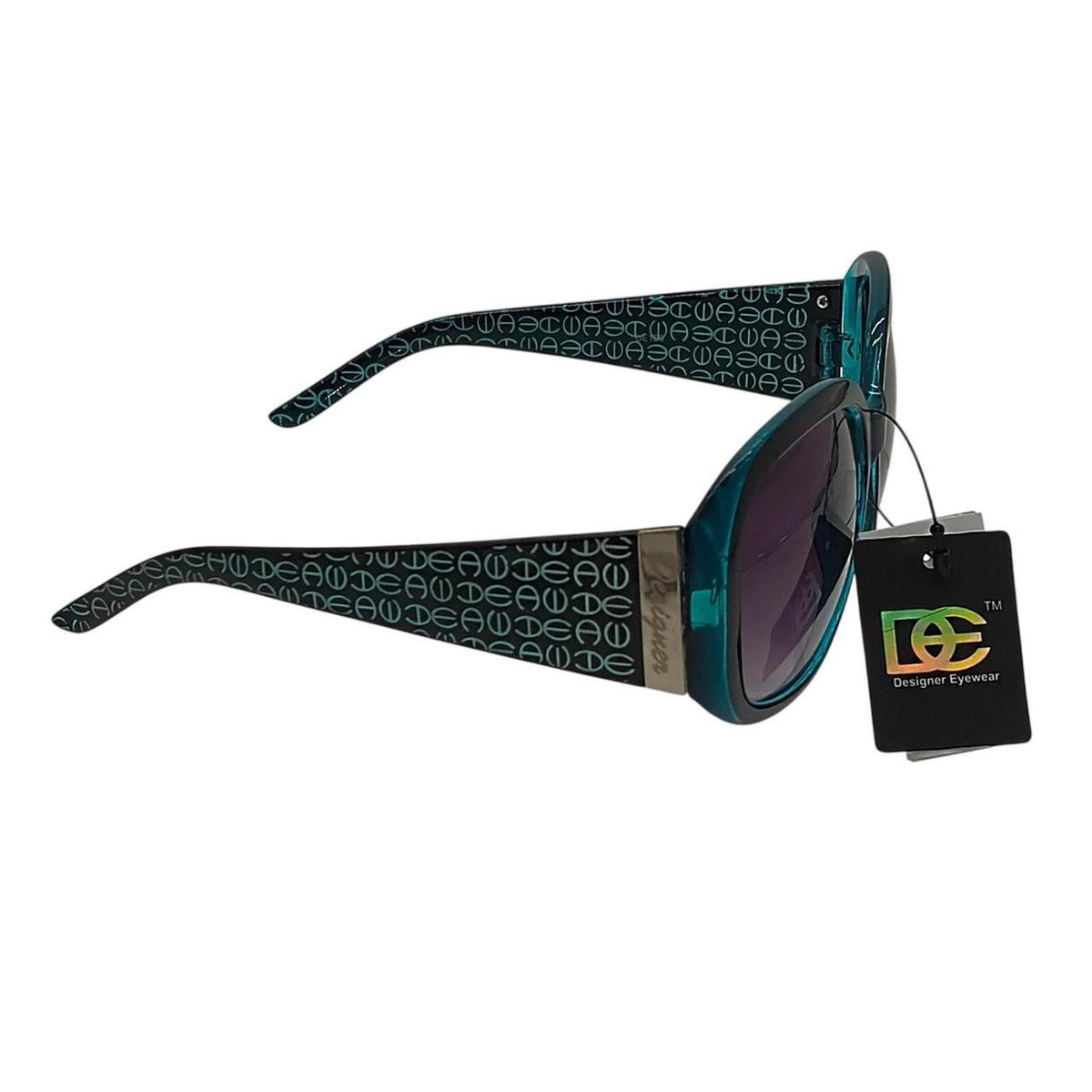 . Blue & green sunglasses with repeating white geometric pattern on black arms - Danisak