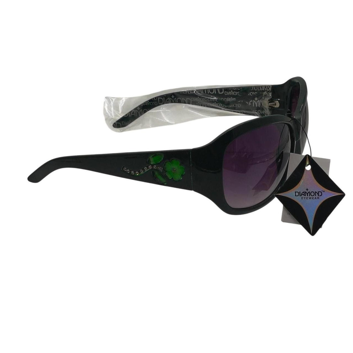 Black Y2K Festival Sunglasses with Purple Gradient Lenses and Green Floral Accen - Danisak
