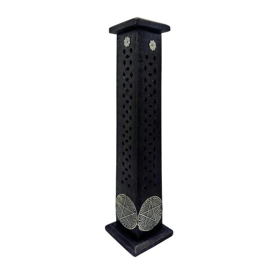 Hand-Carved Black Wooden Incense Tower with Pentacle Design - 11 Inch Aromatic S - Danisak