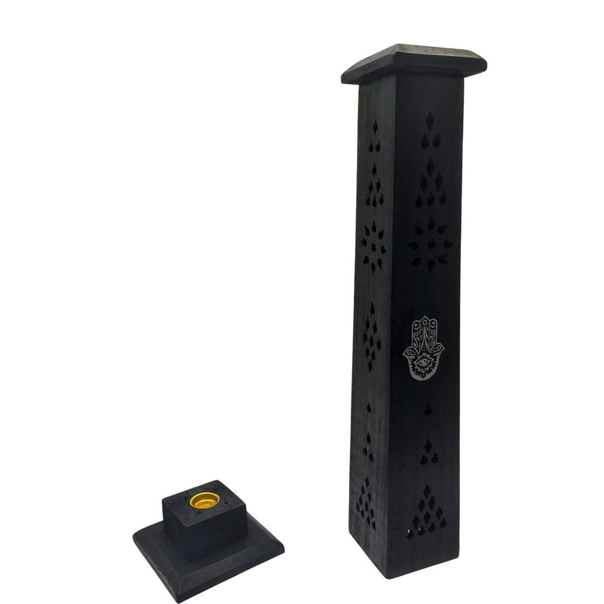 Hand-Carved Black Wood Incense Burner Tower with Hamsa Hand Inlay - Fits Stick & - Danisak