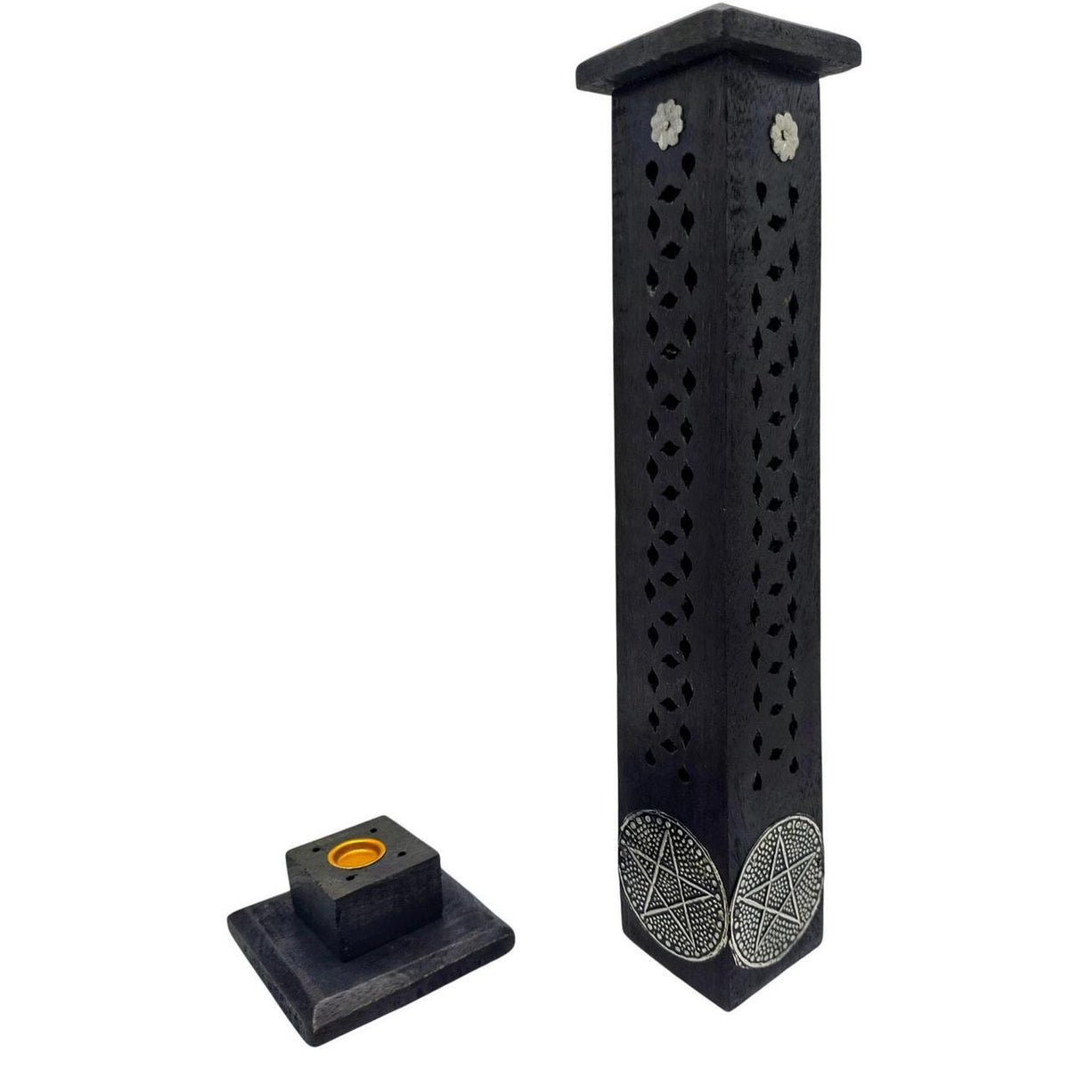 Hand-Carved Black Wooden Incense Tower with Pentacle Design - 11 Inch Aromatic S - Danisak