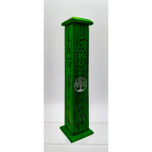 Green Wooden Tower Incense Holder with Tree of Life Design - Danisak
