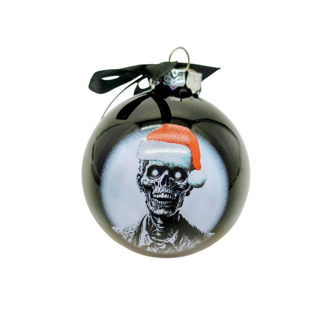 Unbranded Black Glass Christmas Ornament with Skeleton in Santa Hat - 3 Inch - Danisak