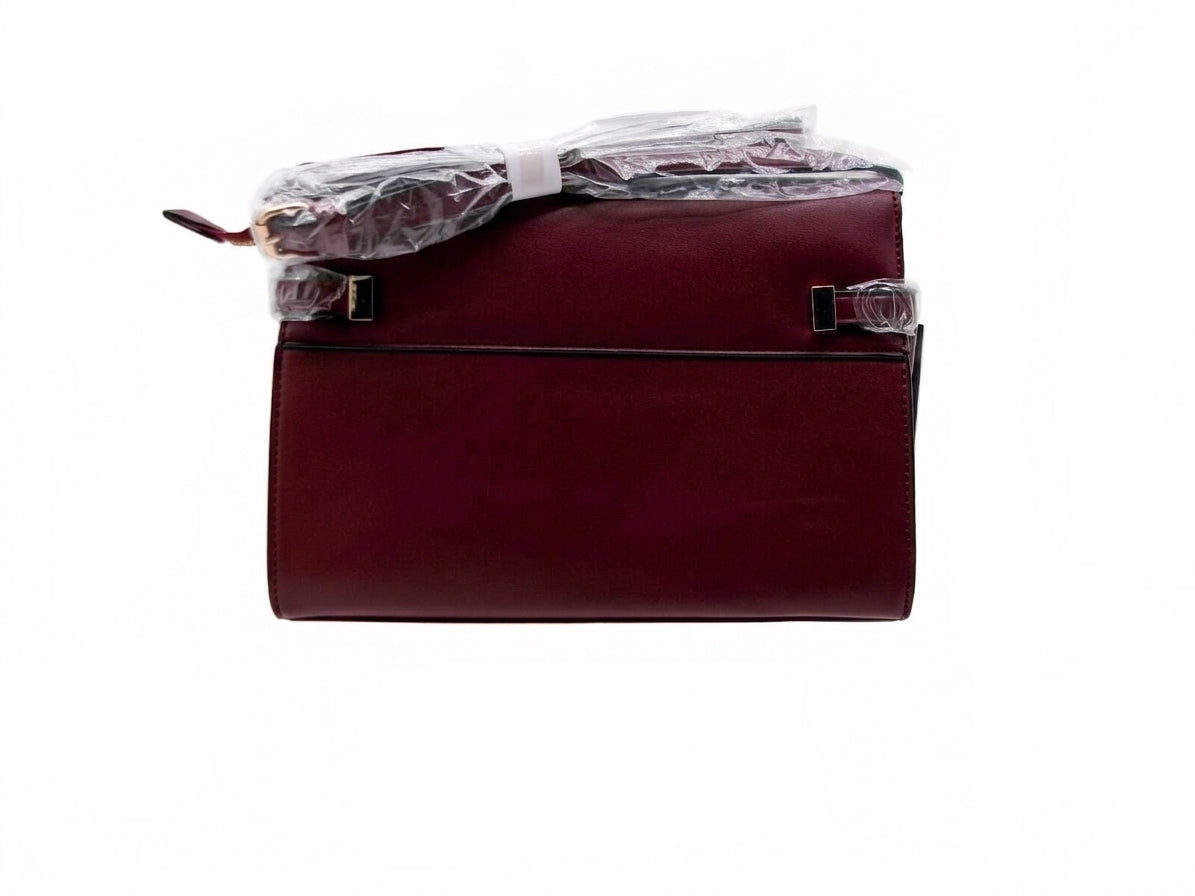 Burgundy Structured Top Handle Shoulder Bag with Gold-Tone Clasp