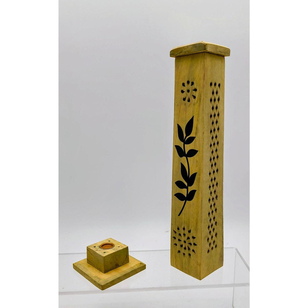 Hand-Carved Wooden Incense Tower with Leaf and Lattice Design for Incense Sticks - Danisak