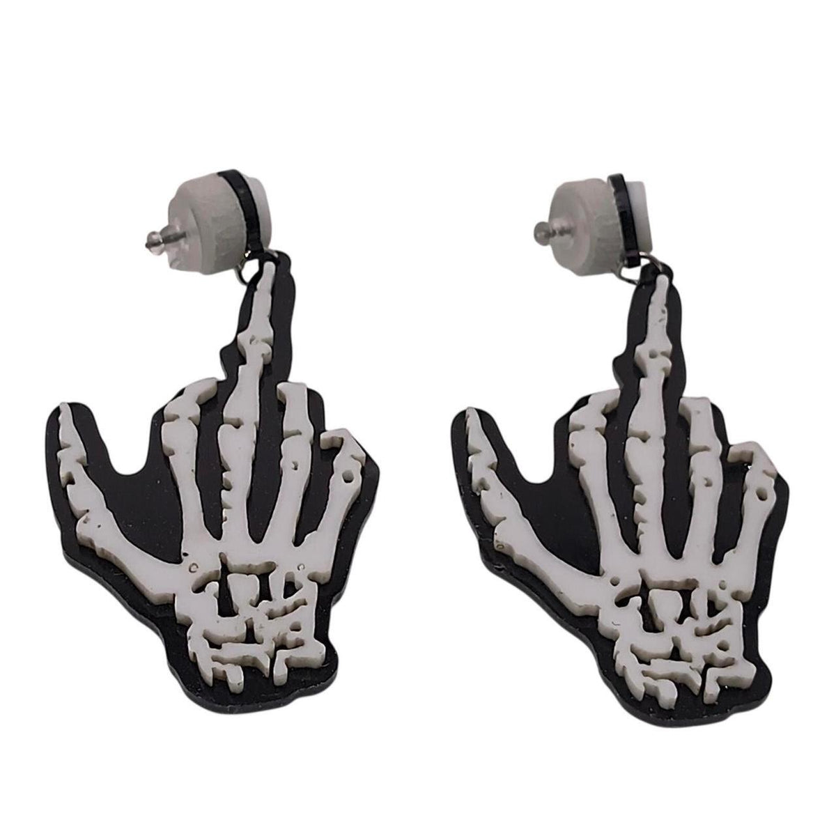 Unbranded Black and White Skeleton Hand Middle Finger Statement Earrings - New - Danisak