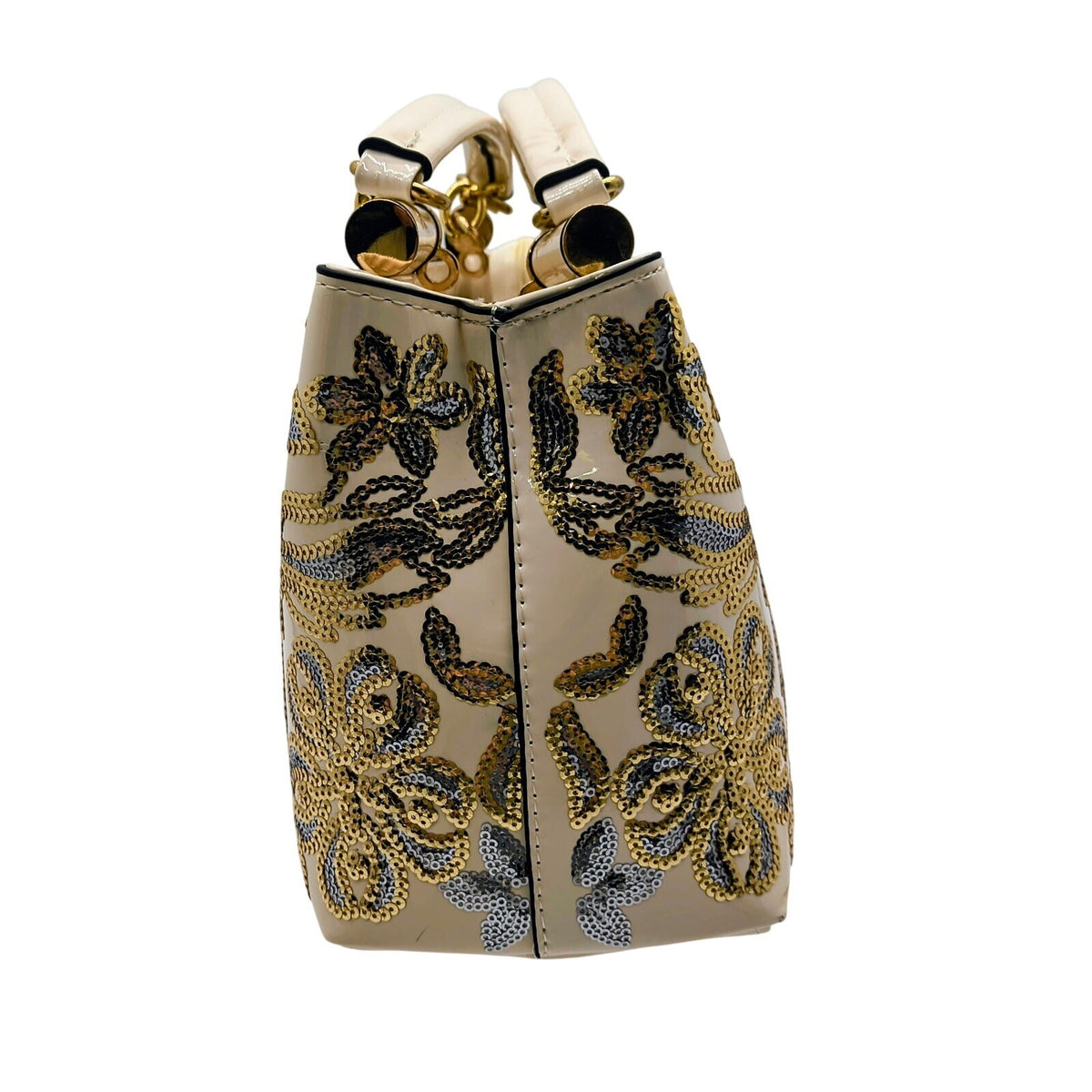 Cream Patent PU Leather Embroidered Top Handle Satchel Bag with Detachable Strap