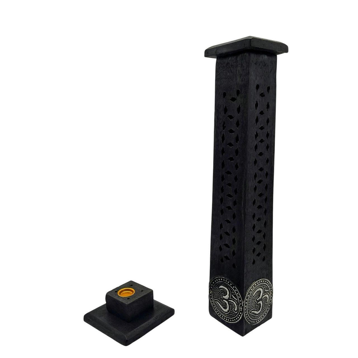 Hand-Carved Black OM Incense Tower with Silver Detailing – 11 Inch Aromatherapy, - Danisak