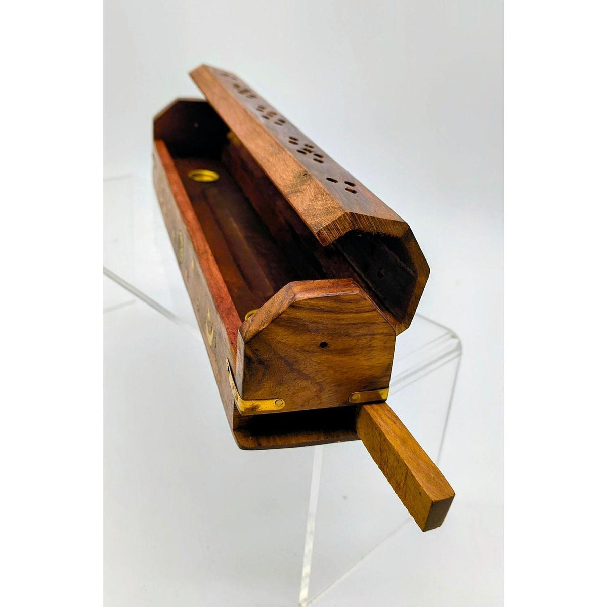 New With Tags Coffin Style Wooden Incense Burner with Brass OM Inlay and Ashtray - Danisak