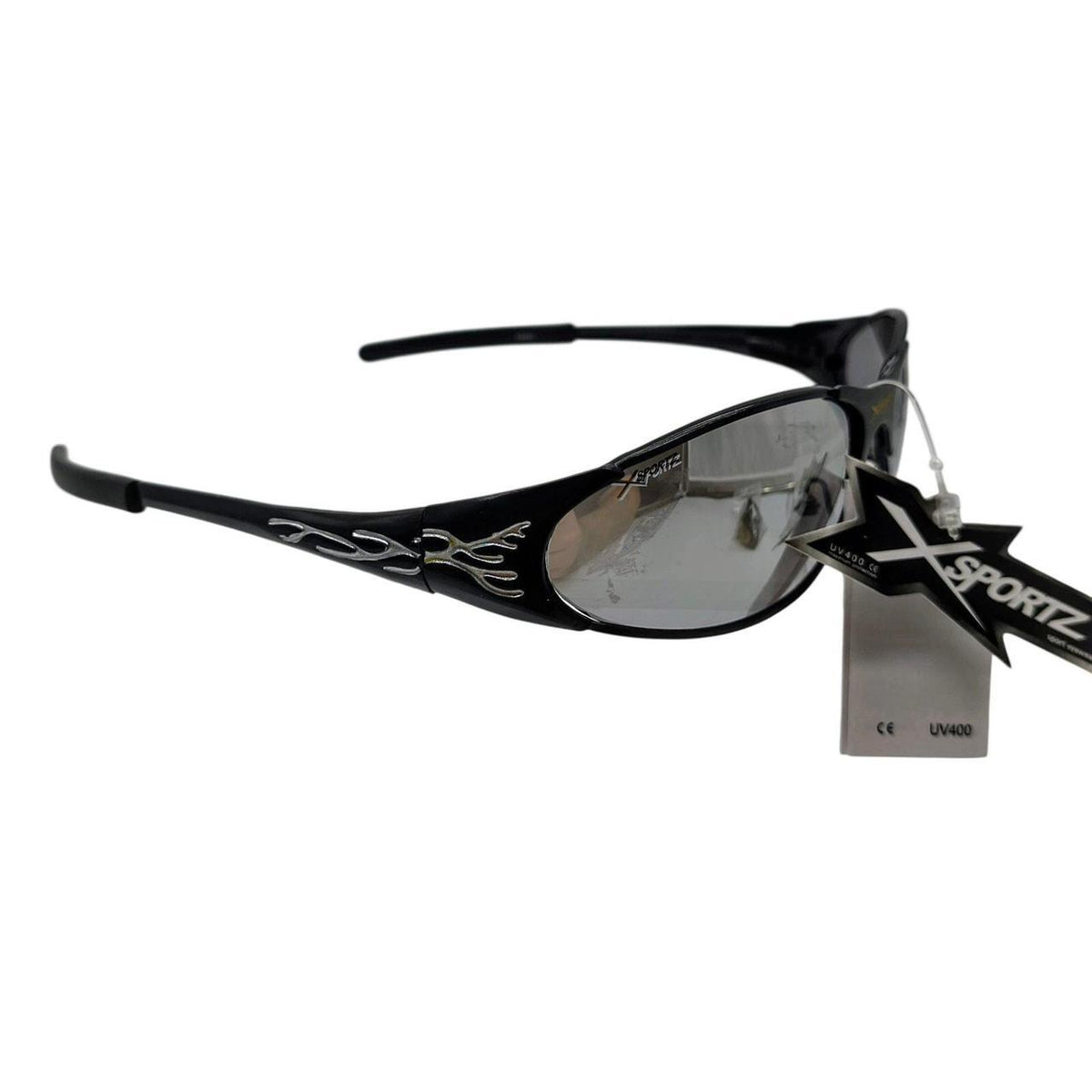 433 black sunglasses with mirrored lenses, silver flame design - Danisak
