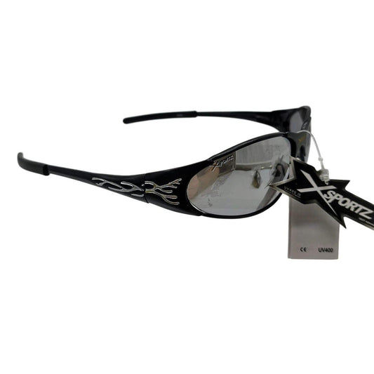 433 black sunglasses with mirrored lenses, silver flame design - Danisak