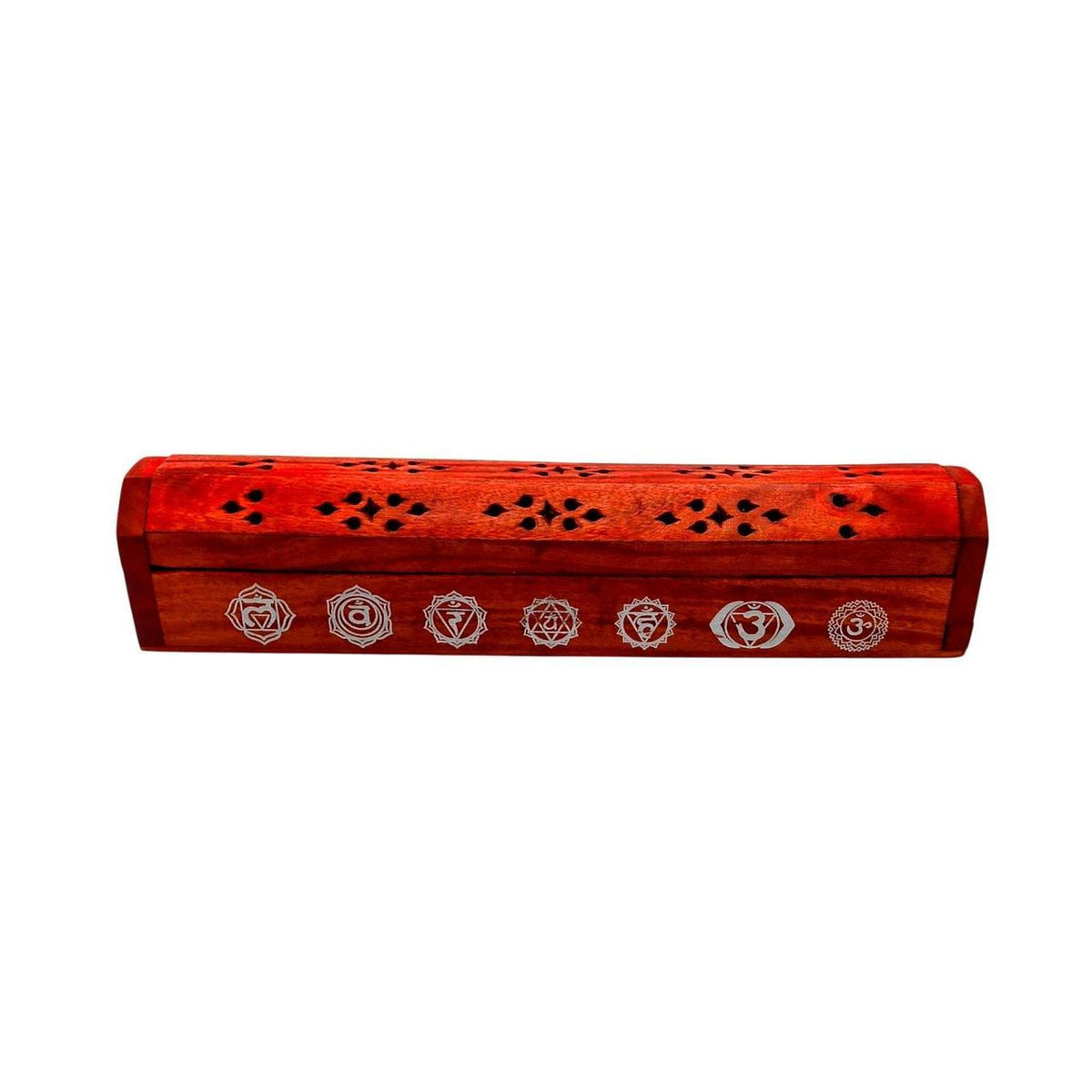 Hand Carved Red Wood Incense Box with 7 Chakra Design - Fits 11-Inch Sticks & Co - Danisak