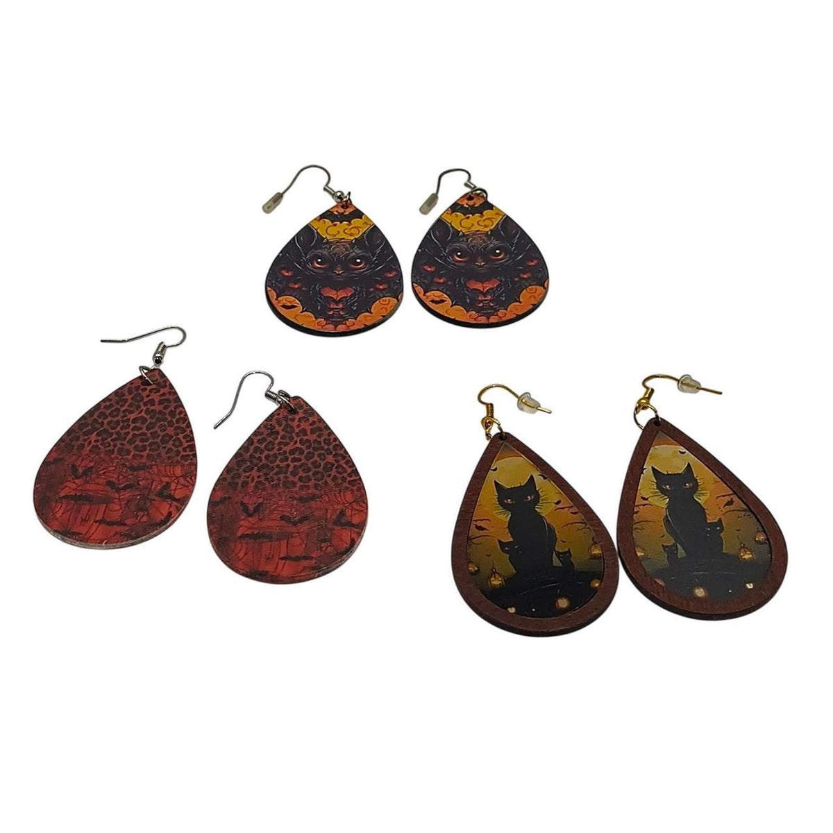 Unbranded Halloween Themed Multi-Color Teardrop Earrings Set of 3 Pairs with Cat - Danisak