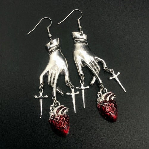 Free Shipping $7.99 "Heart and Swords in Hand'" Dangling Earrings Goth Punk