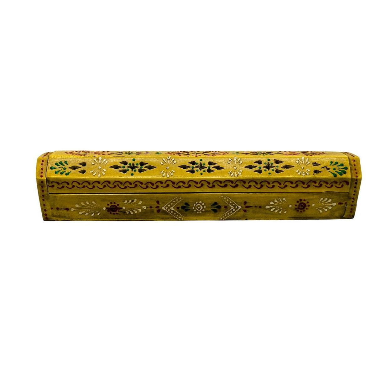 Hand-Painted Yellow Wooden Sheesham Incense Box Burner with Decorative Jali - 12 - Danisak