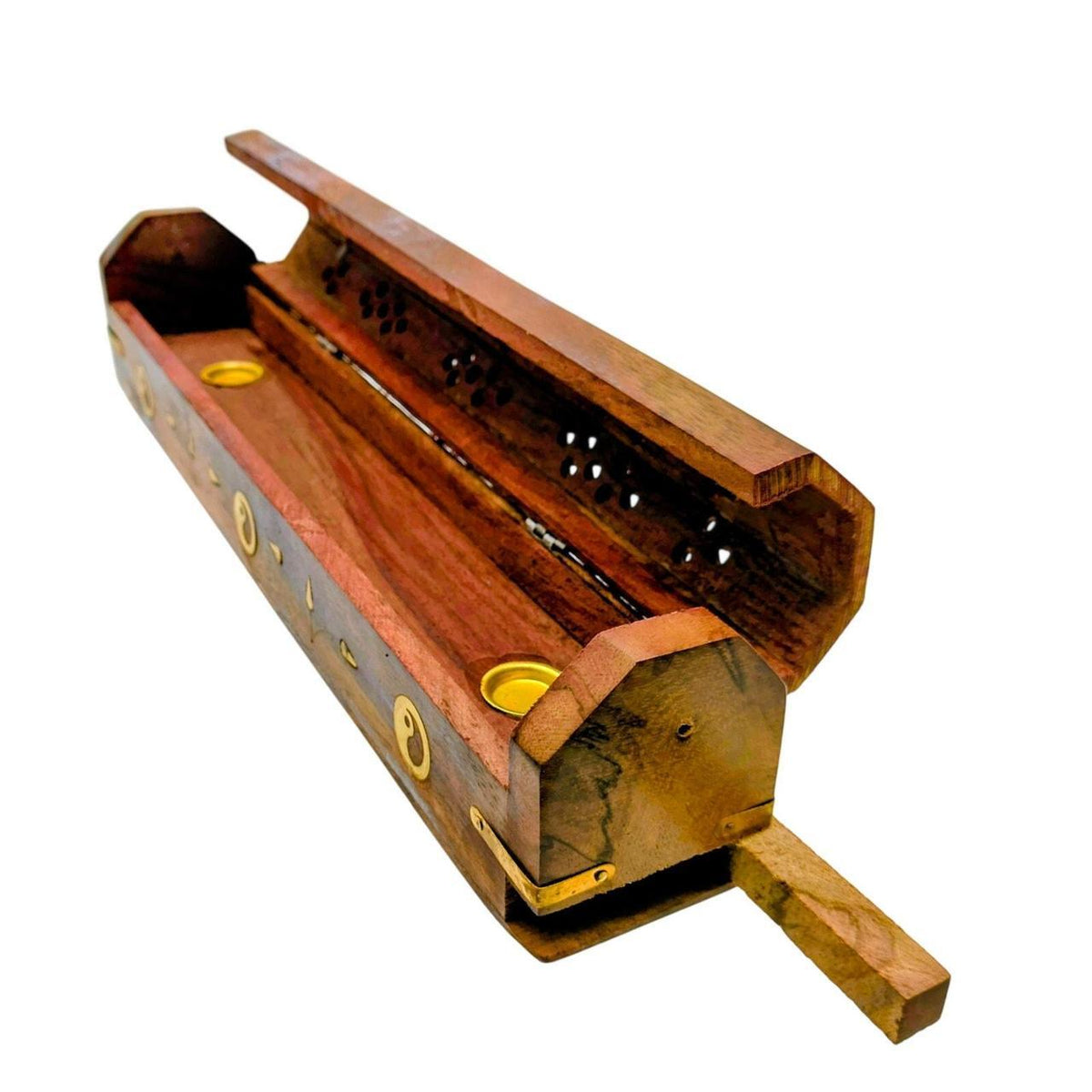 Hand-Carved Wooden Incense Burner Box with Yin Yang Design - Fits Sticks and Con - Danisak