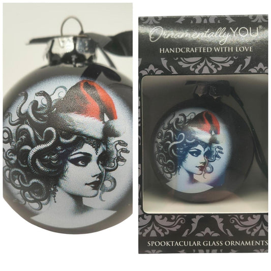 Unbranded Black Glass Christmas Ornament with Artistic Medusa Design and Red Hat - Danisak