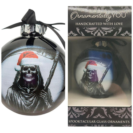 Unbranded Black Glass Christmas Ornament with Grim Reaper in Santa Hat, 3" x 3" - Danisak