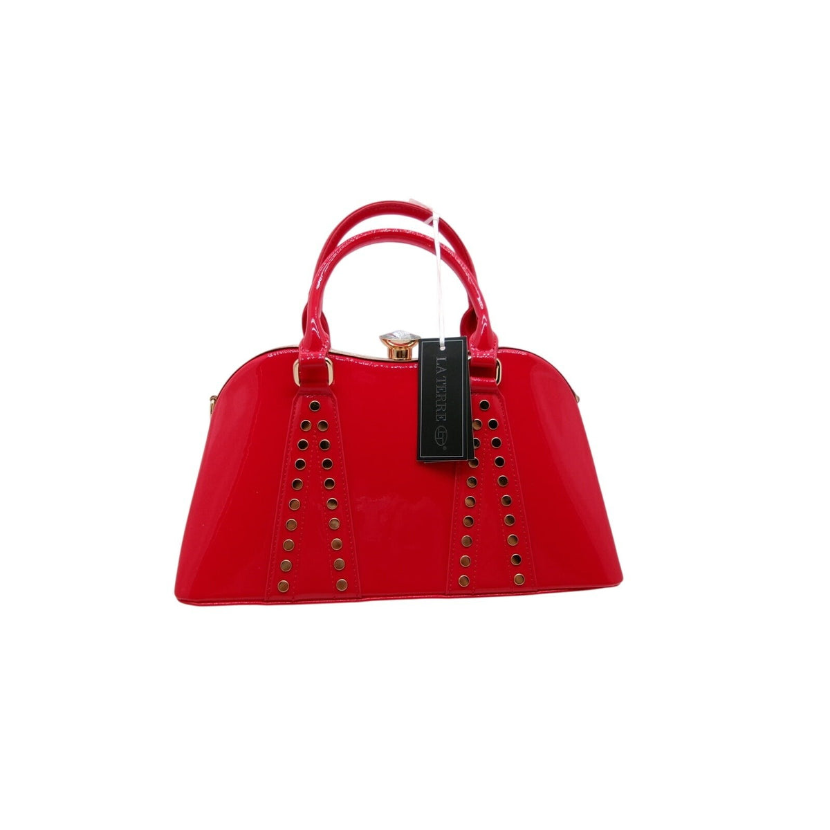 La Terre Red Patent-Style Top Handle Satchel Bag with Studded Detail