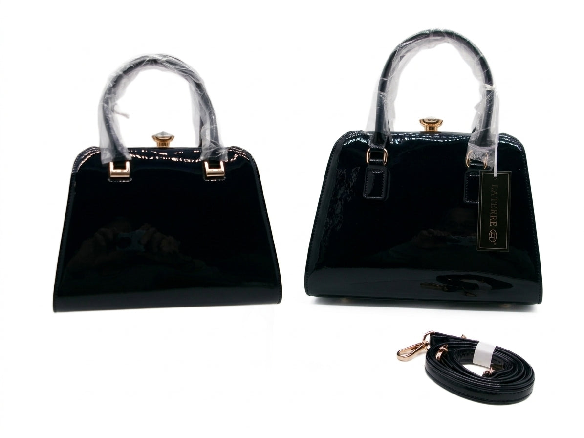 NAVY Patent Top Handle Satchel with Detachable Shoulder Strap