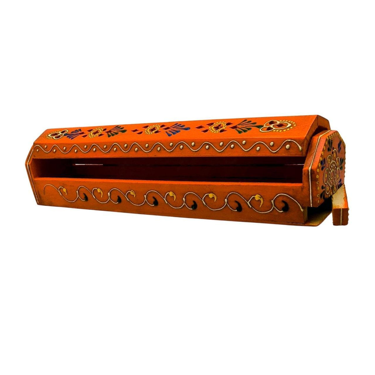 Hand-Painted Orange Sheesham Wood Incense Box with Decorative Jali Cover - 12-In - Danisak