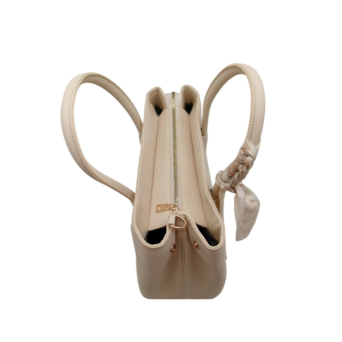 Beige 3-in-1 Grained Faux Leather Tote Bag Set with Twilly Scarf