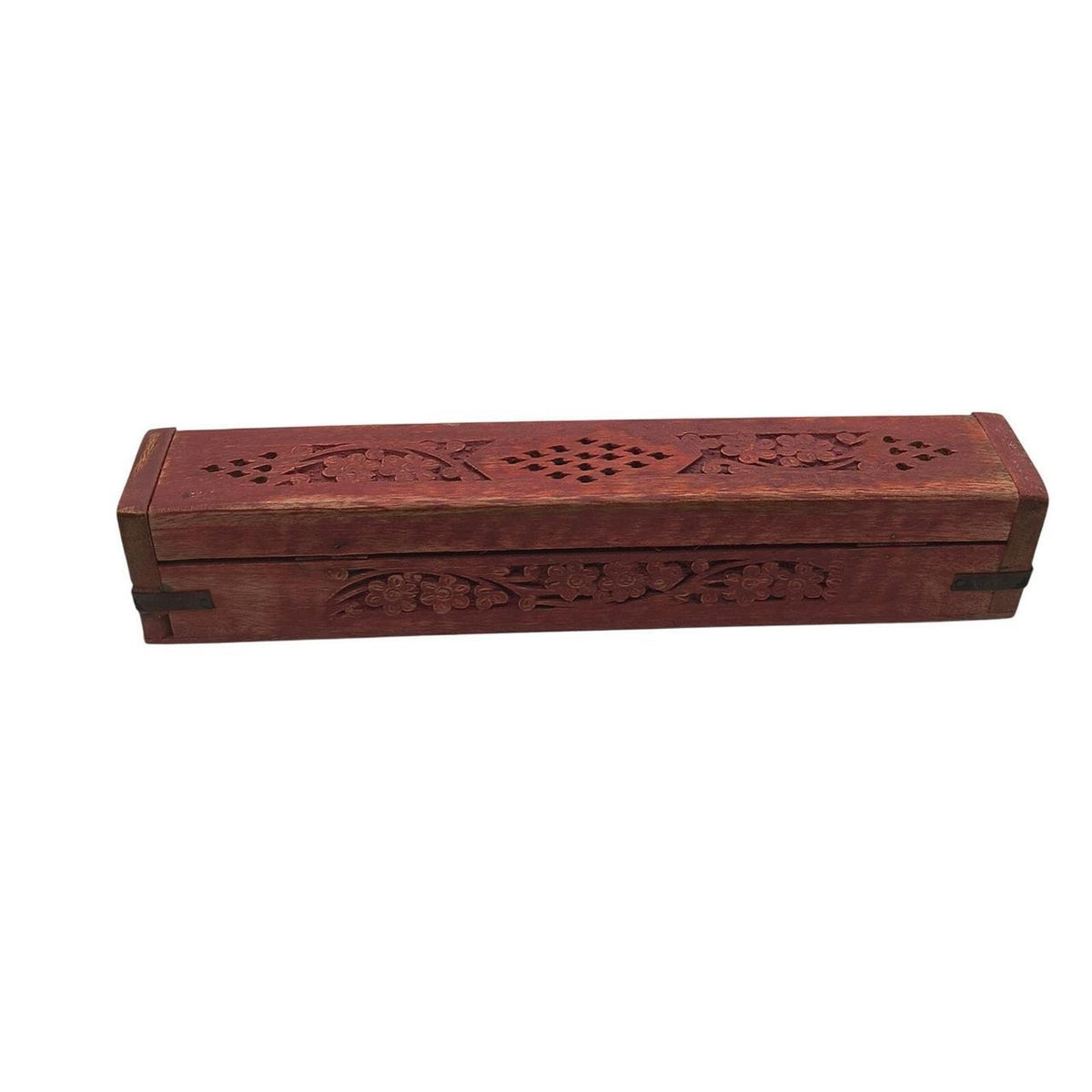 Hand Carved Indian Rosewood Incense Burner Box with Red Floral Design - 12 Inch - Danisak