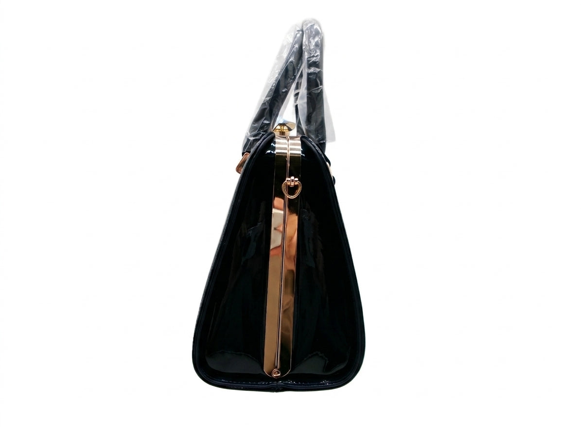 NAVY Patent Top Handle Satchel with Detachable Shoulder Strap