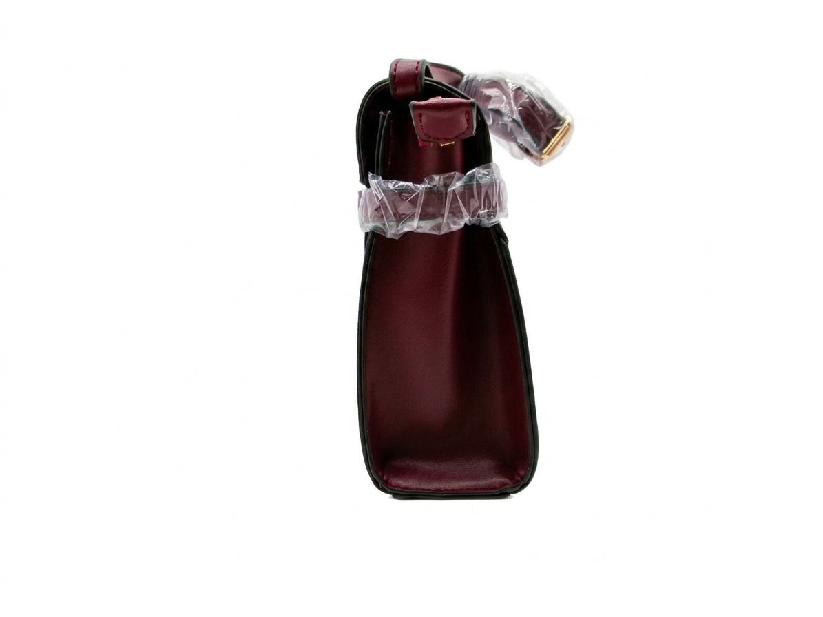 Burgundy Structured Top Handle Shoulder Bag with Gold-Tone Clasp