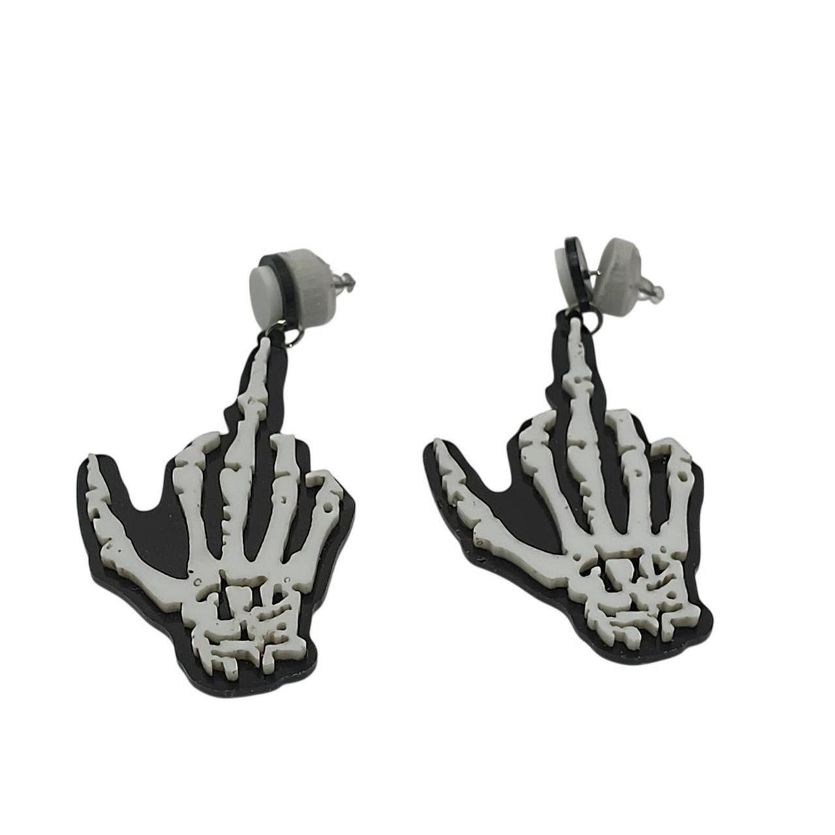 FU   Black hand-shaped earrings with middle finger up