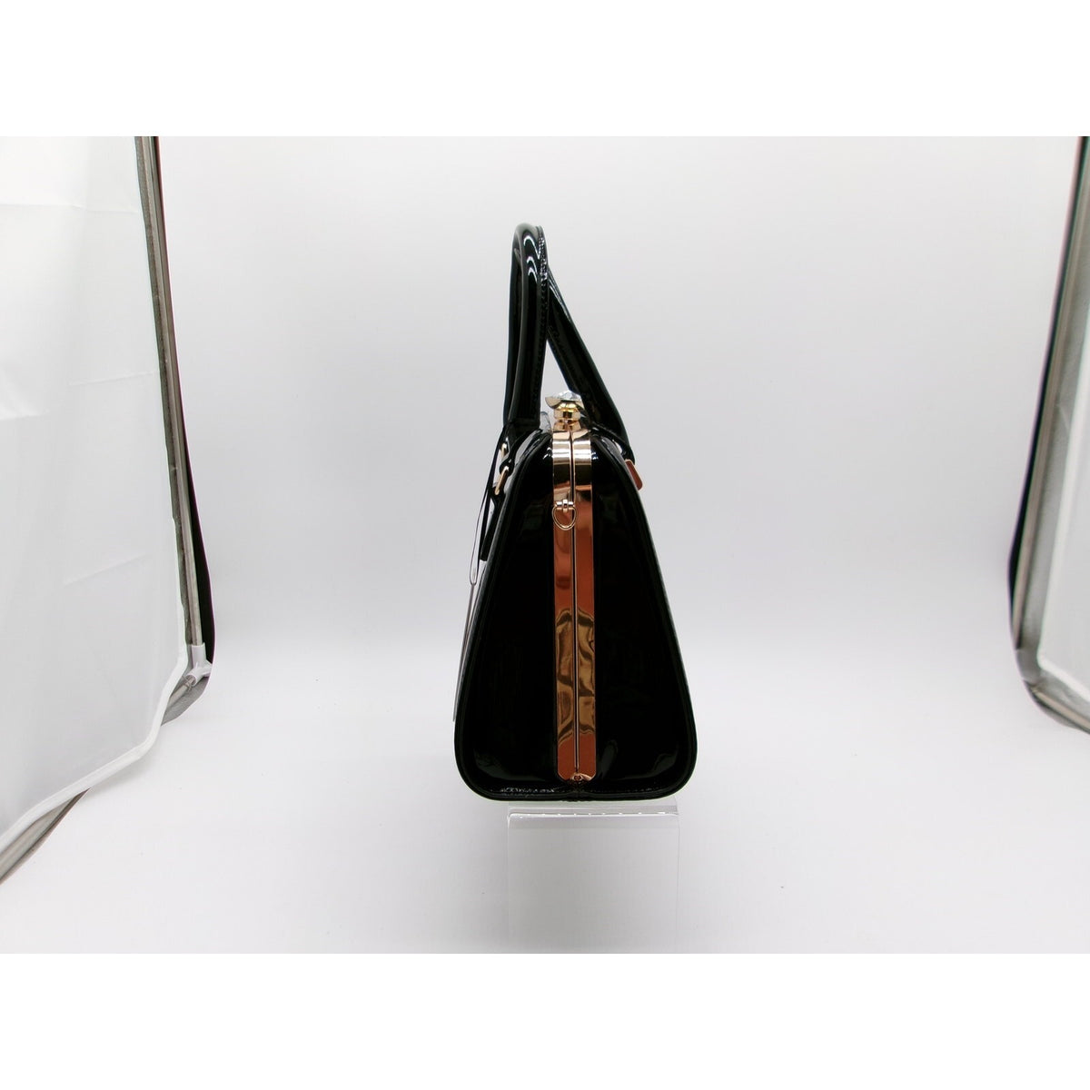 La Terre Glossy Black Structured Top Handle Bag with Detachable Shoulder Strap