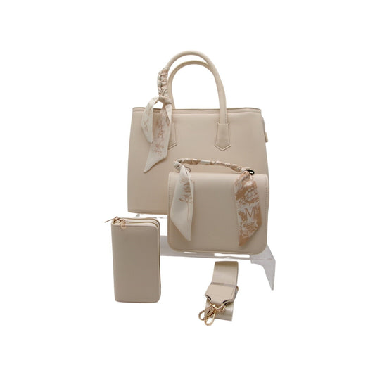 Beige 3-in-1 Grained Faux Leather Tote Bag Set with Twilly Scarf