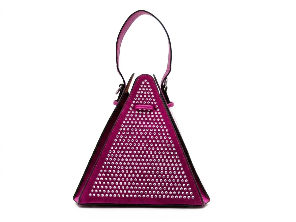 Fuchsia Studded Triangle Bucket Bag with Shoulder and Crossbody Straps