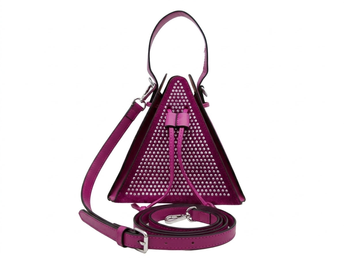 Fuchsia Studded Triangle Bucket Bag with Shoulder Strap