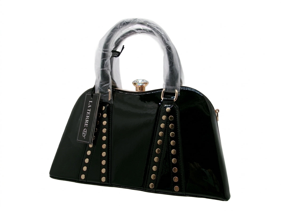 LA TERRE Black Patent Top Handle Bag with Studded Trim
