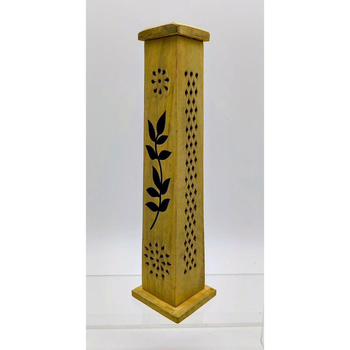 Hand-Carved Wooden Incense Tower with Leaf and Lattice Design for Incense Sticks - Danisak