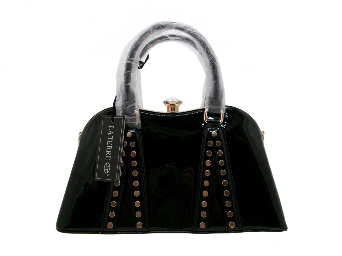 LA TERRE Black Patent Top Handle Bag with Studded Trim