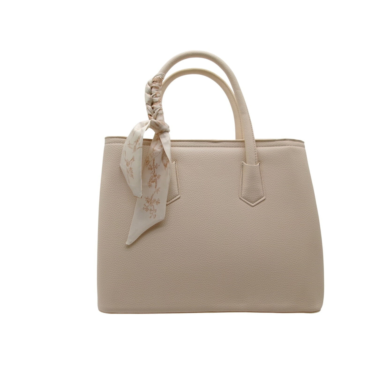Beige 3-in-1 Grained Faux Leather Tote Bag Set with Twilly Scarf