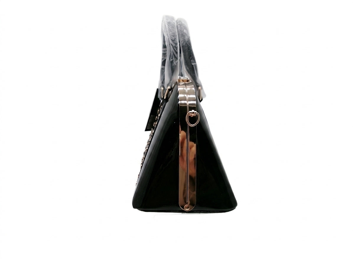 LA TERRE Black Patent Top Handle Bag with Studded Trim