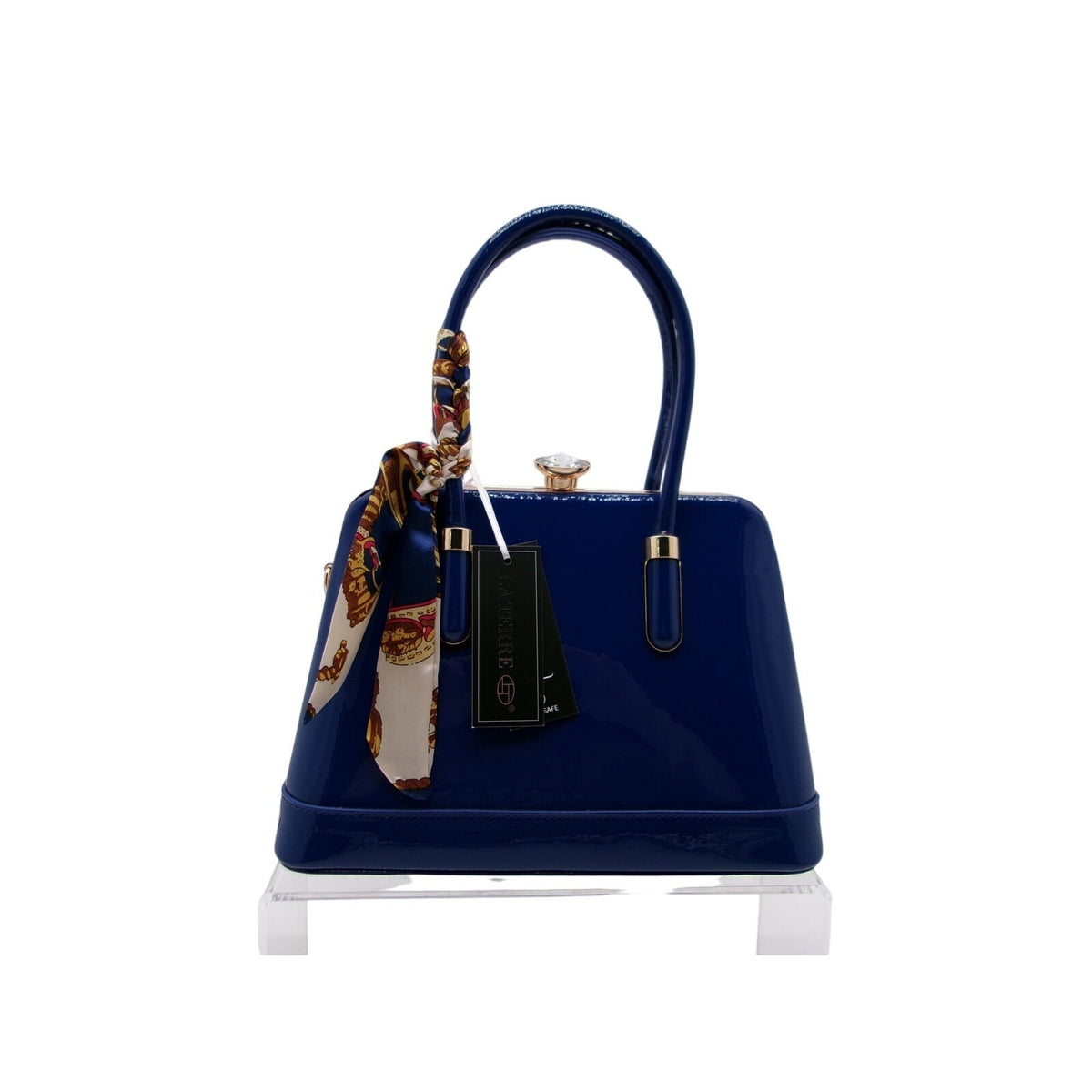 La Terre Navy Blue Patent Leather Shell Handbag with Decorative Twilly Scarf
