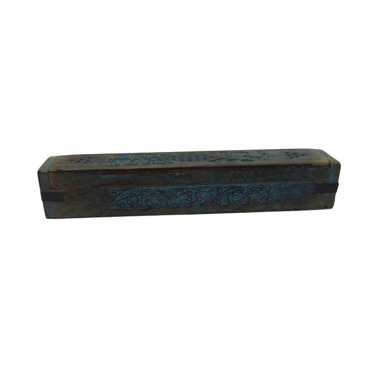 Hand-Carved Indian Rosewood Blue Floral Incense Burner Box - 12 Inch - Danisak