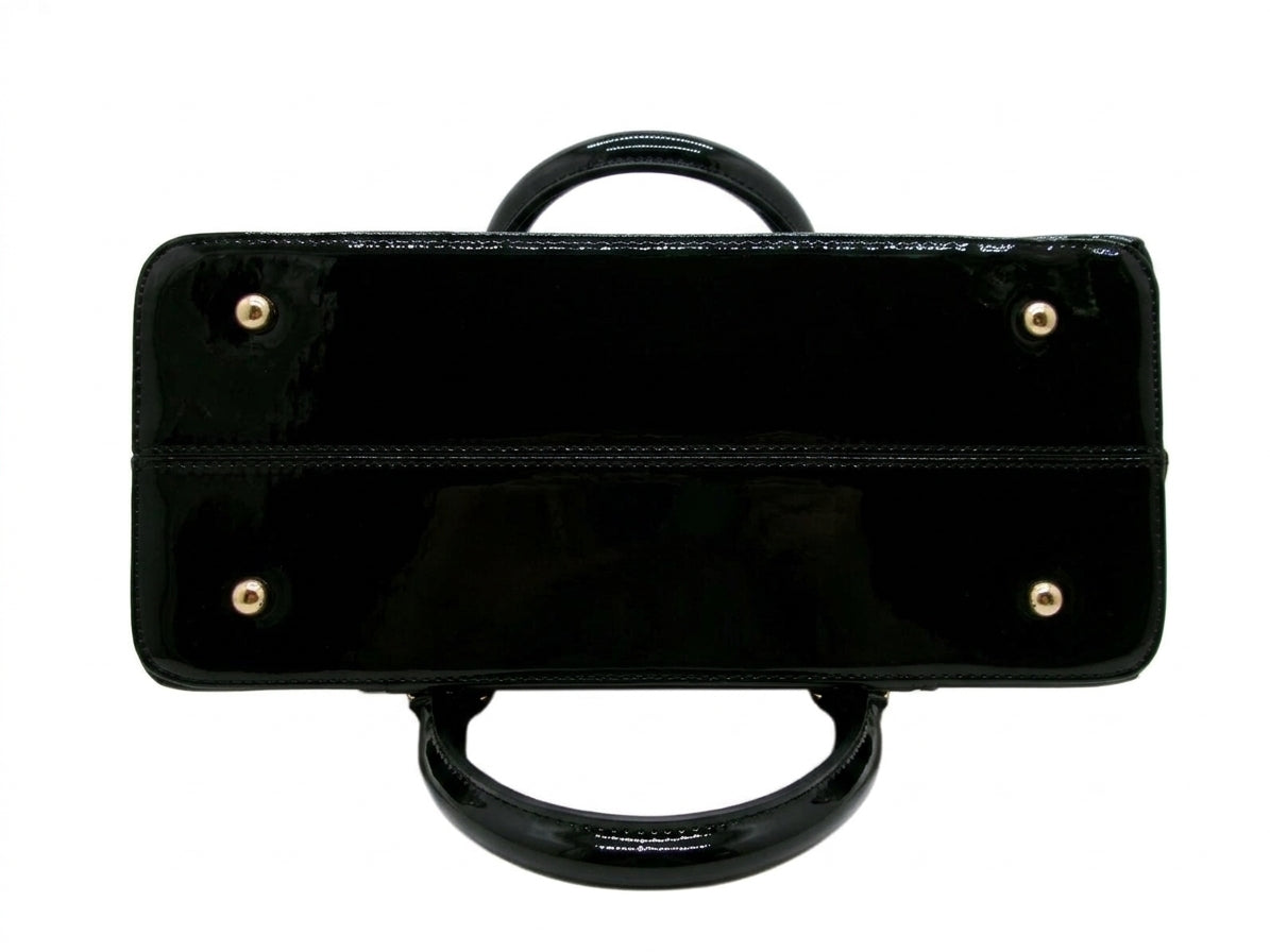 LA TERRE Black Patent Top Handle Bag with Studded Trim