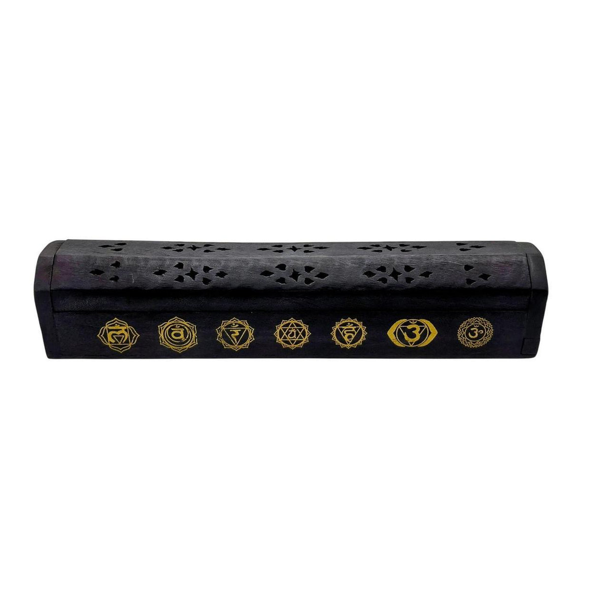 Hand-Carved Black Wood Coffin Incense Burner Box with 7 Chakras Inlay for Sticks - Danisak