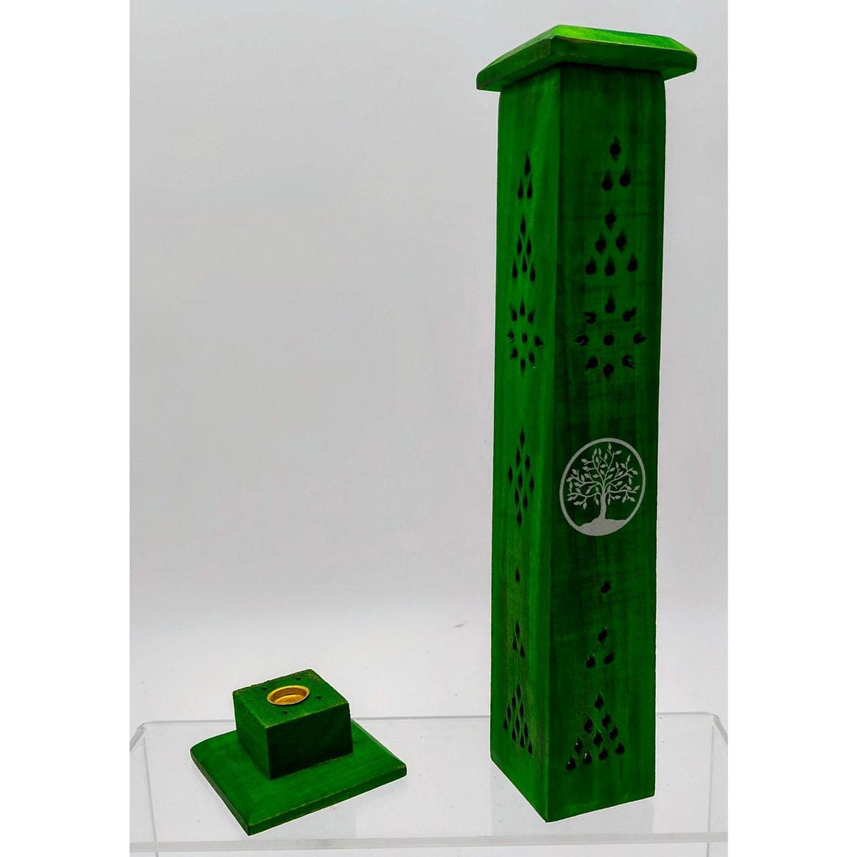 Green Wooden Tower Incense Holder with Tree of Life Design - Danisak