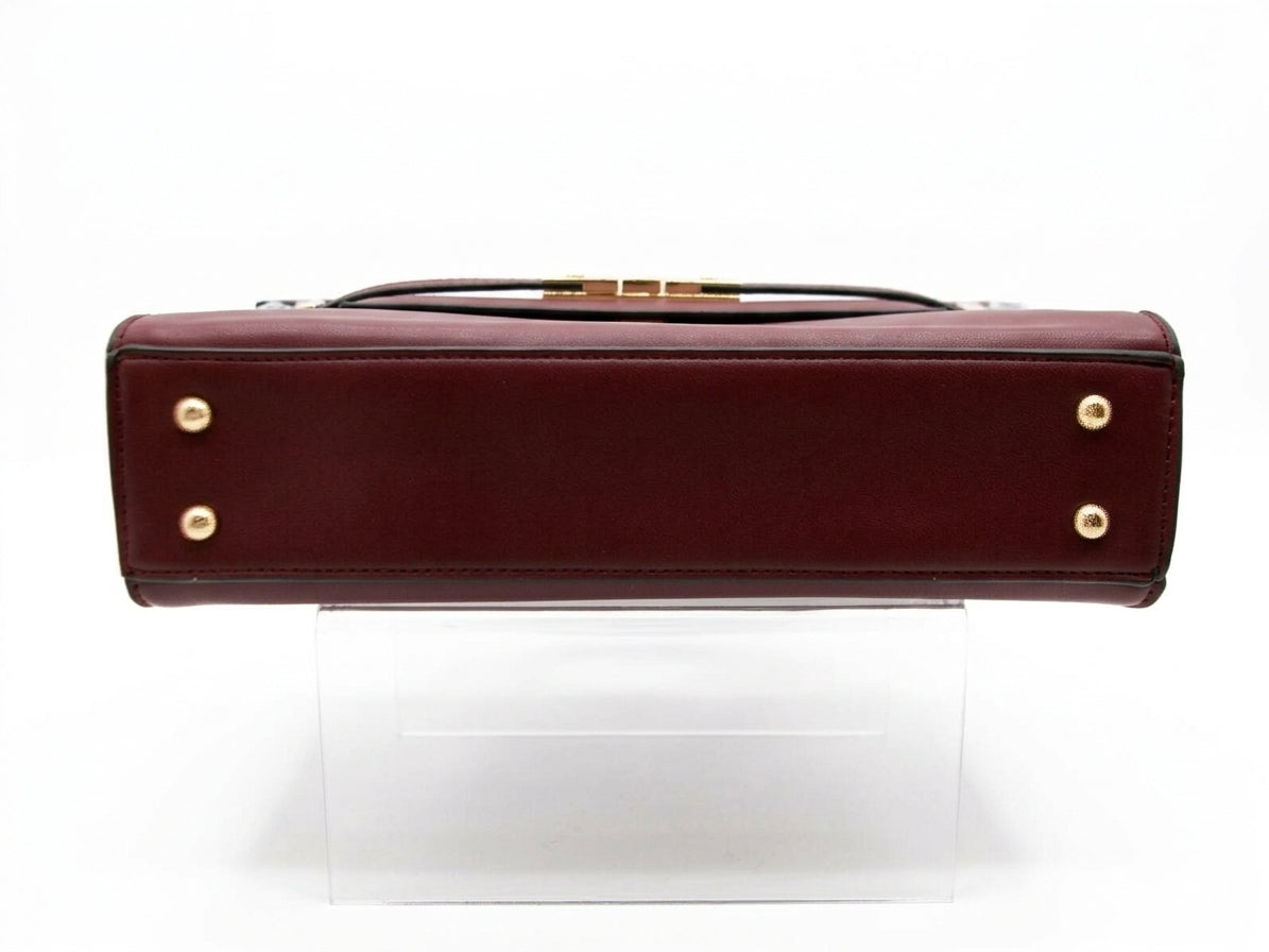 Burgundy Structured Top Handle Shoulder Bag with Gold-Tone Clasp