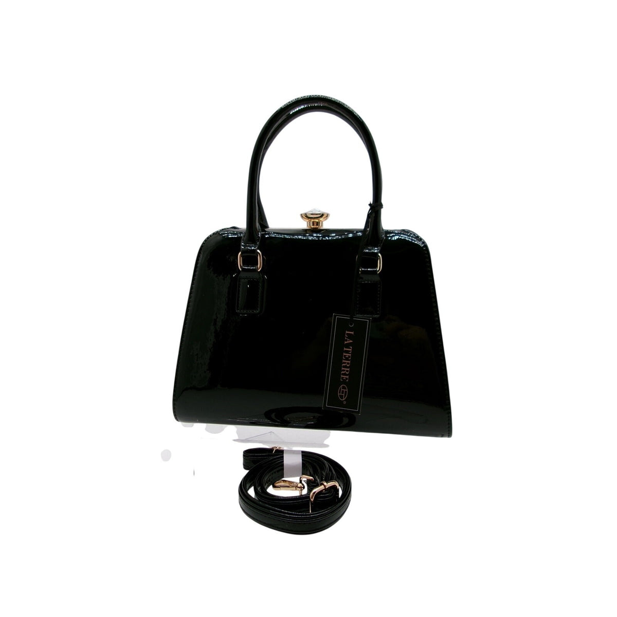 La Terre Black Patent Leather Top Handle Bag with Detachable Shoulder Strap