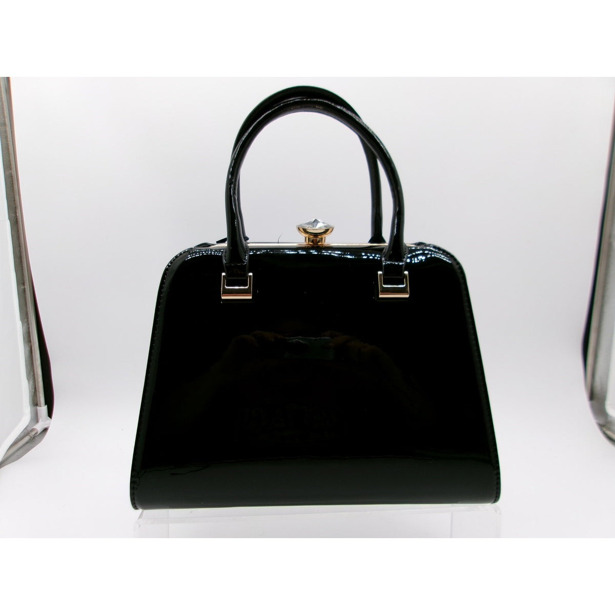 La Terre Black Patent Leather Top Handle Bag with Detachable Shoulder Strap