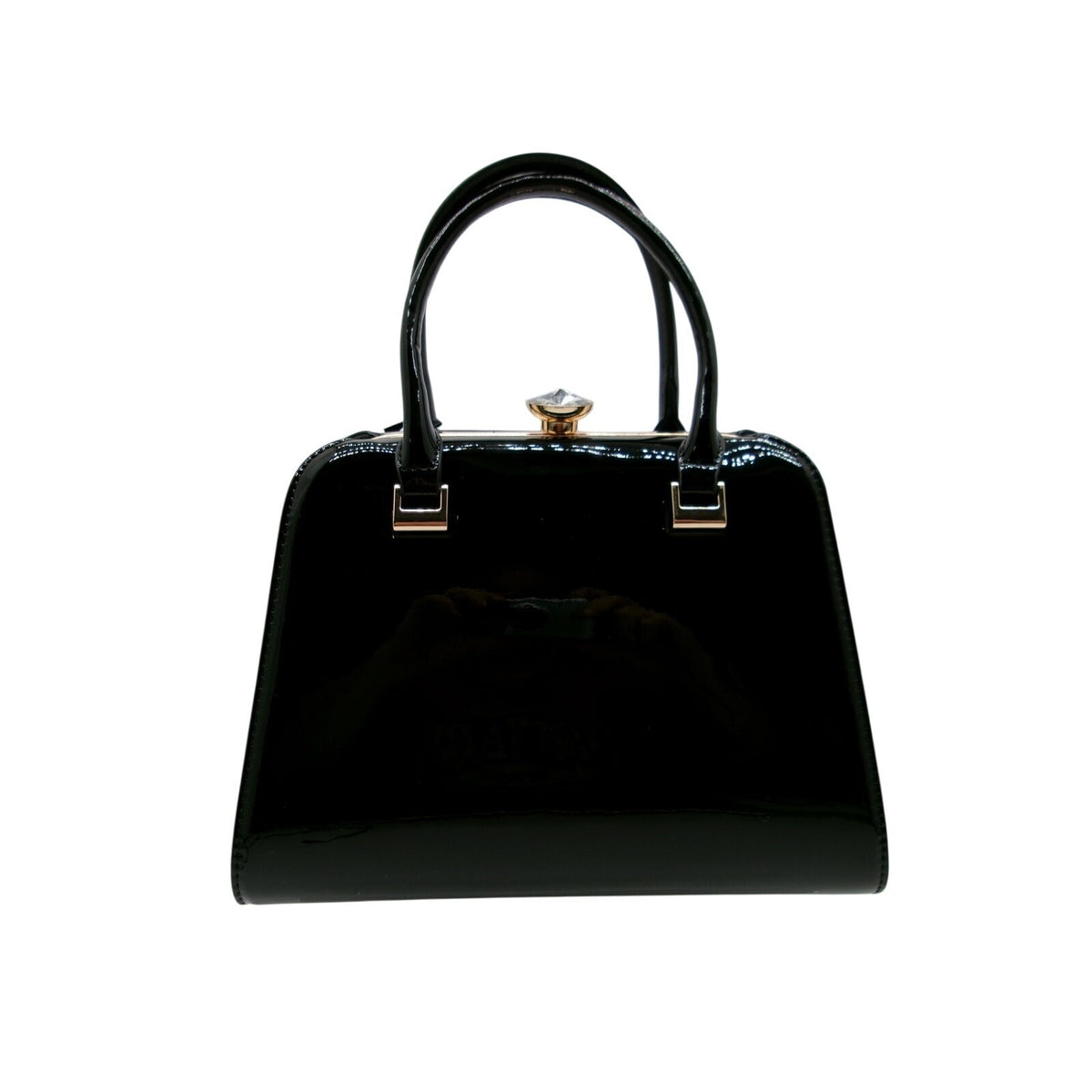 La Terre Glossy Black Structured Top Handle Bag with Detachable Shoulder Strap